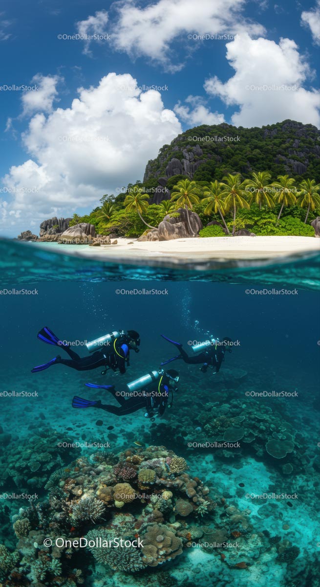 Scuba Divers Exploring Coral Reefs by a Tropical Island