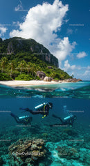 Scuba Divers Exploring Vibrant Coral Reef by Tropical Island