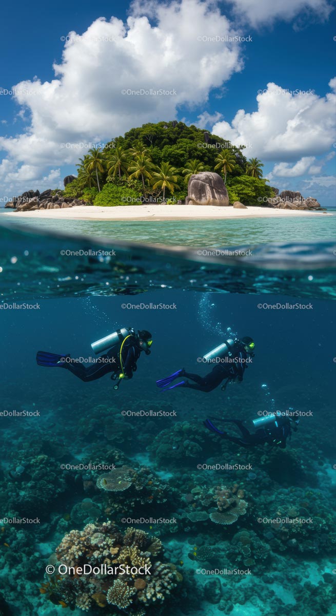Scuba Divers Exploring Vibrant Coral Reefs Near Tropical Island