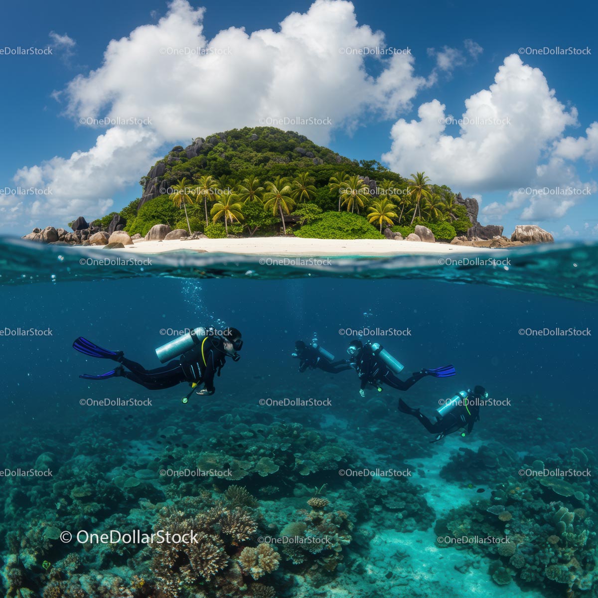 Scuba Divers Exploring Coral Reefs Near Tropical Island