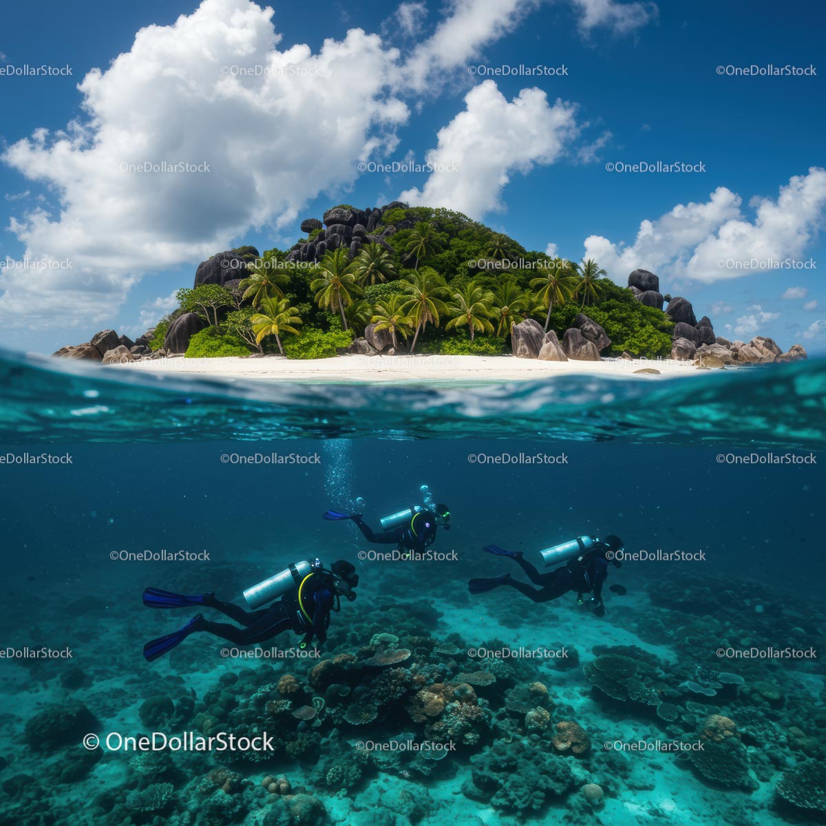 Scuba Divers Exploring Vibrant Coral Reef Near Tropical Island