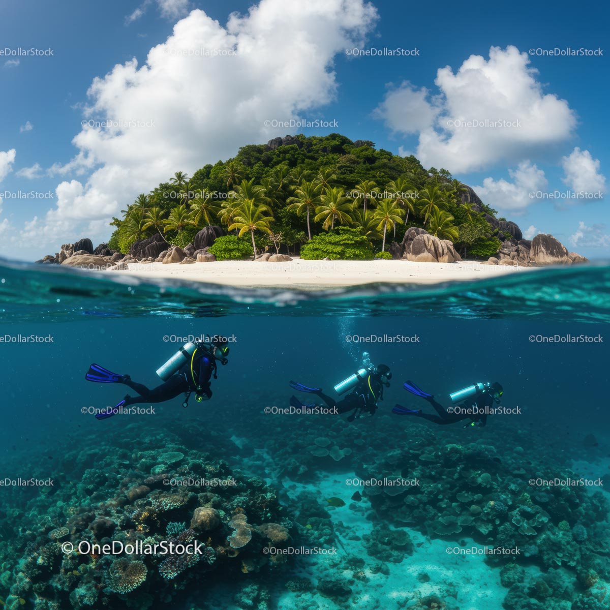 Scuba Divers Exploring a Vibrant Coral Reef Near Tropical Island