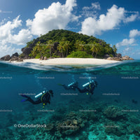 Divers Exploring Coral Reefs Near a Tropical Island Paradise