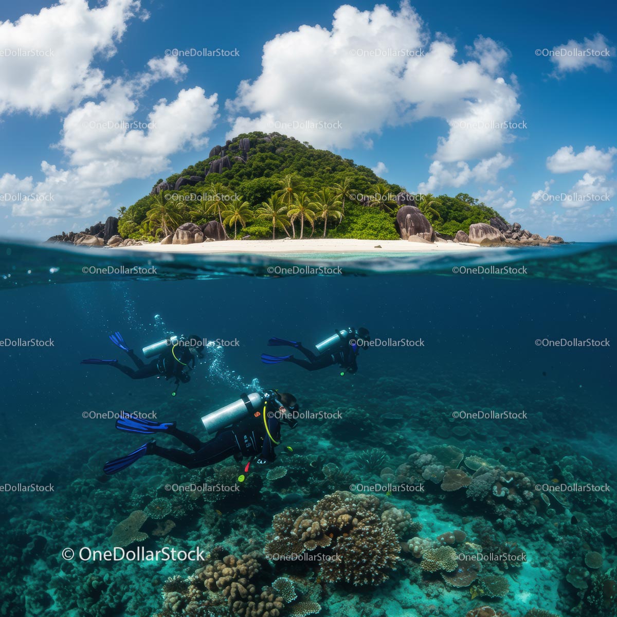 Scuba Divers Explore Vibrant Coral Reef Near Tropical Island