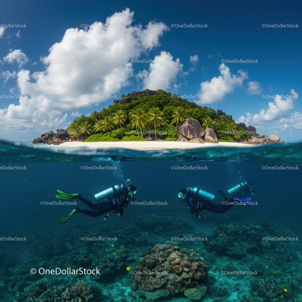 Scuba Divers Exploring a Tropical Island Paradise