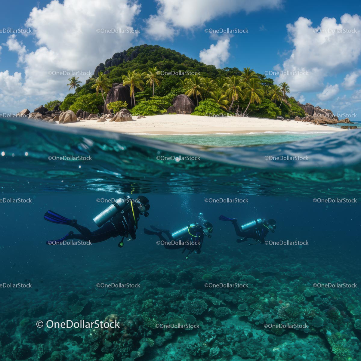 Scuba Divers Exploring Vibrant Coral Reef near Tropical Island