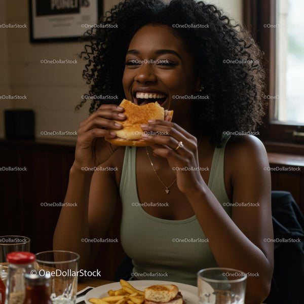 Uśmiechnięta kobieta delektująca się burgerem w przytulnej restauracji