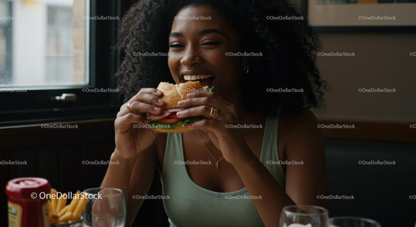 Uśmiechnięta kobieta delektująca się pysznym burgerem w restauracji