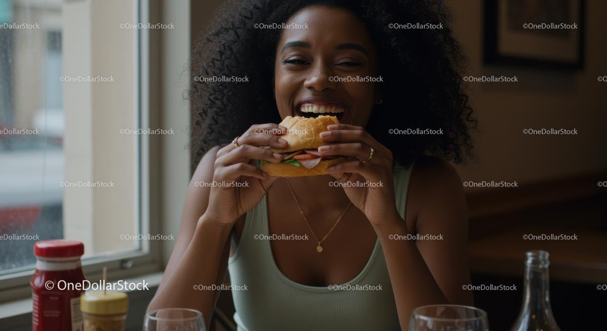 Smiling Woman Enjoying a Fresh Sandwich by the Window