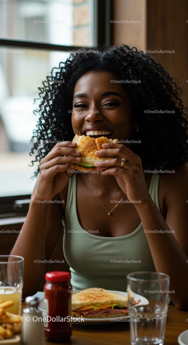 Smiling Woman Enjoying a Tasty Sandwich at Lunch