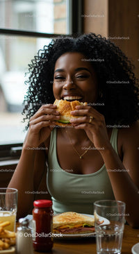 Joyful Woman Savoring a Delicious Burger Indoors