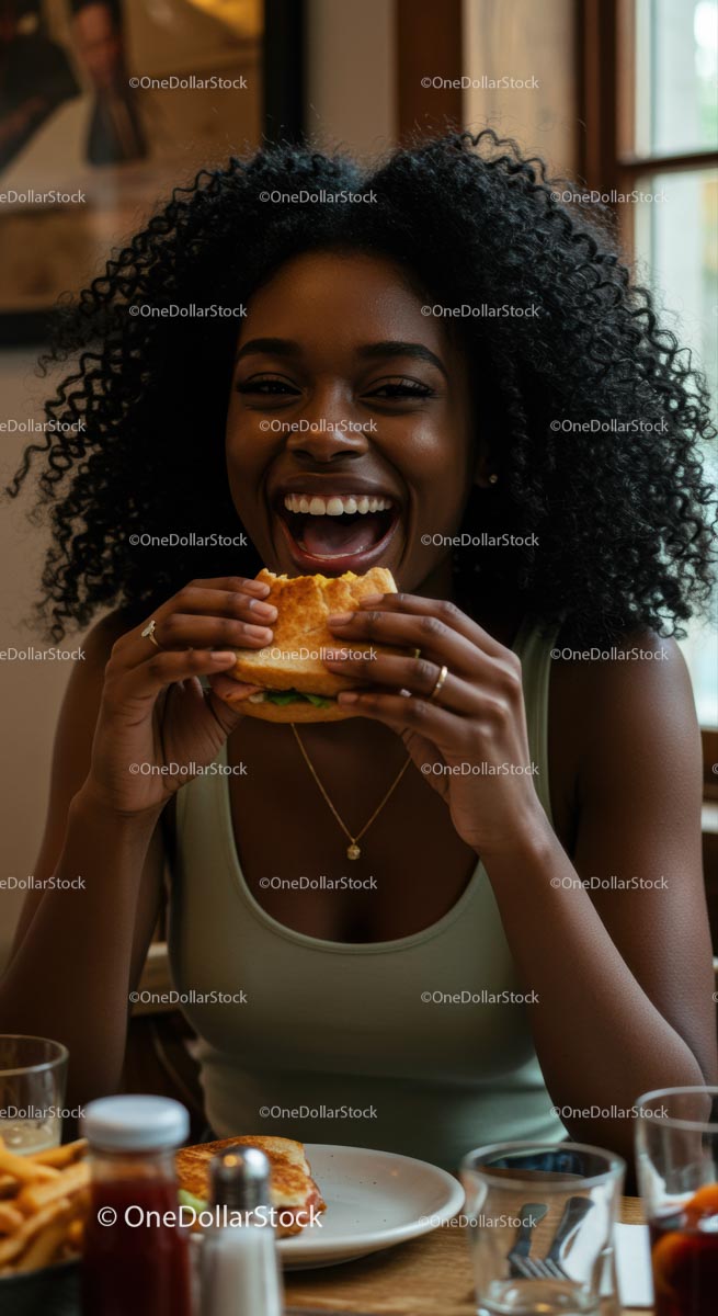 Joyful Woman Savoring a Delicious Burger Indoors