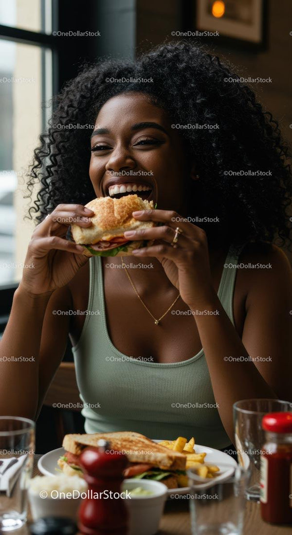 Cheerful Woman Enjoying a Delicious Sandwich at a Cafe