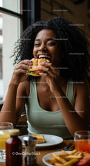 Joyful Woman Savoring a Delicious Burger Indoors