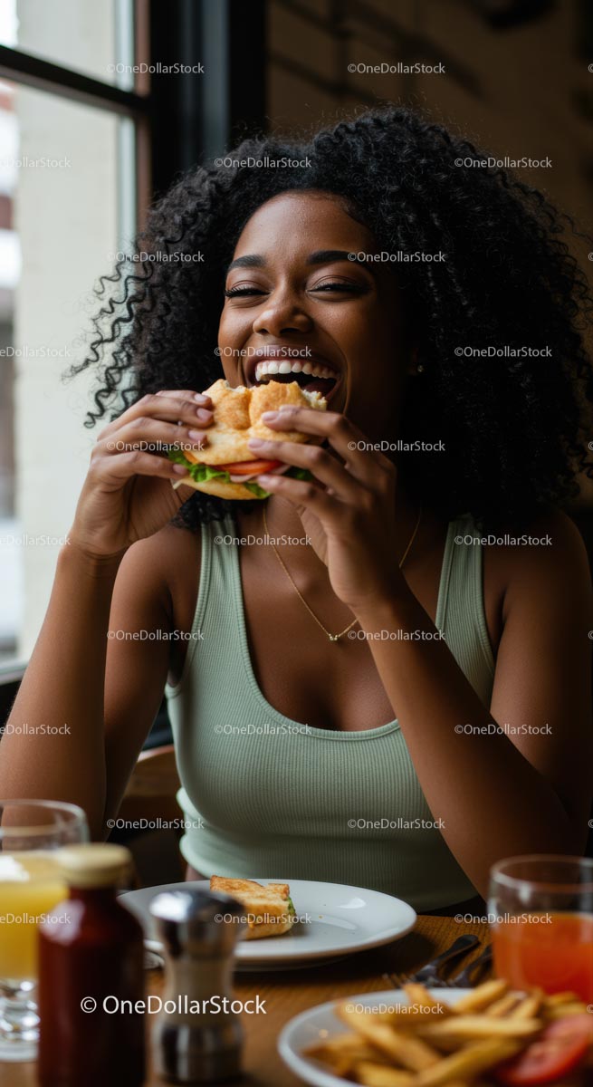 Joyful Woman Savoring a Delicious Burger Indoors