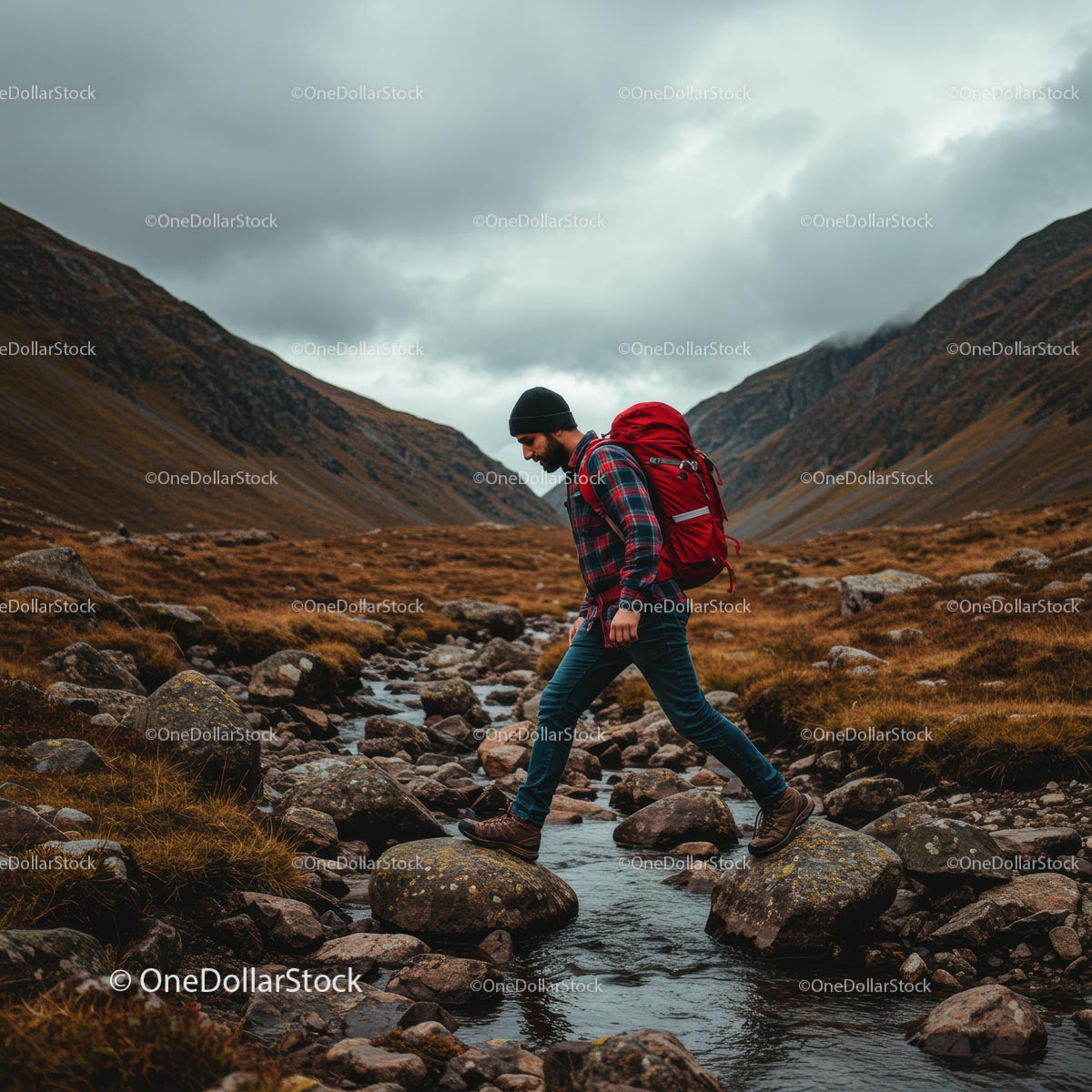 Backpacker Crossing Rocky Stream in Mountain Valley