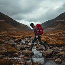 Backpacker Crossing Rocky Stream in Mountain Valley