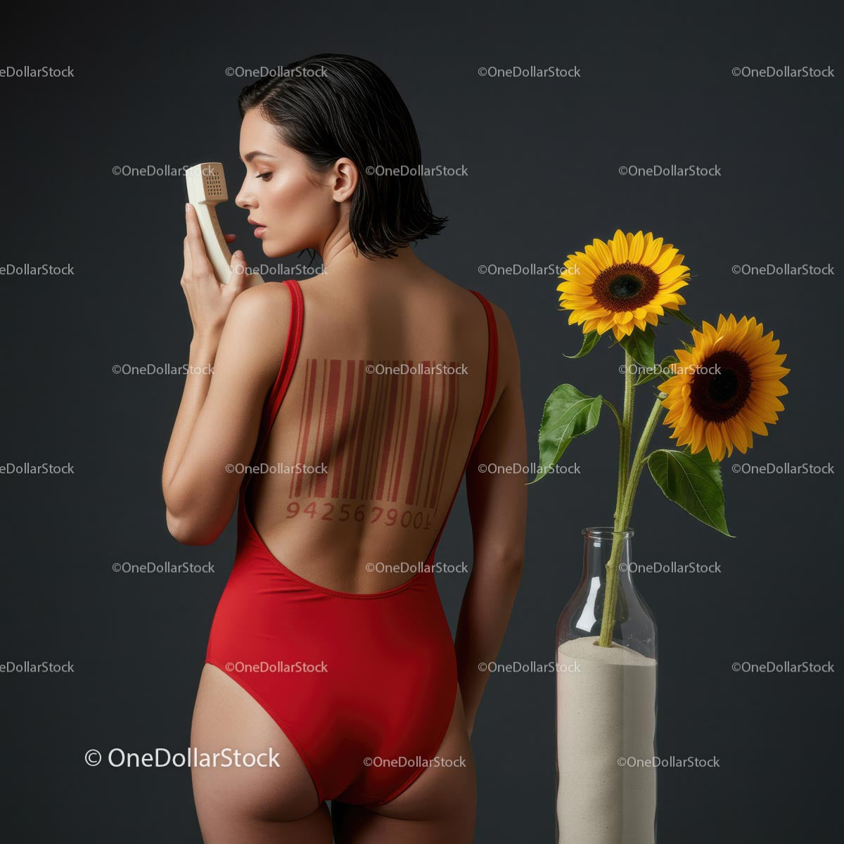 Elegant Model in Red Swimsuit with Sunflower Vase
