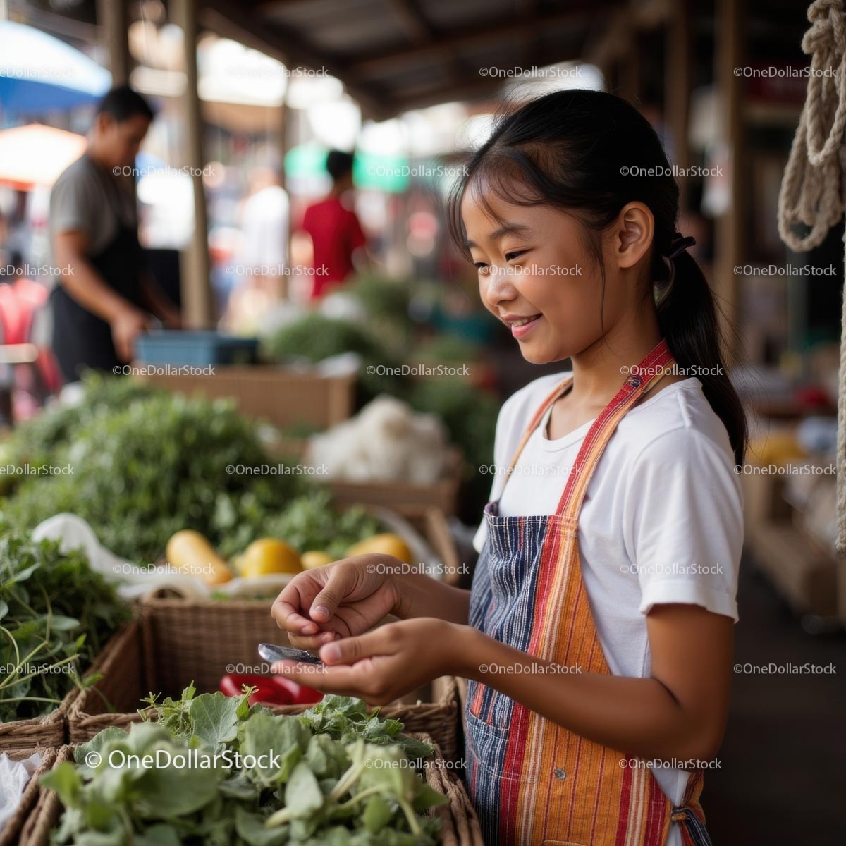 Smiling Girl at Vibrant Asian Market Stall