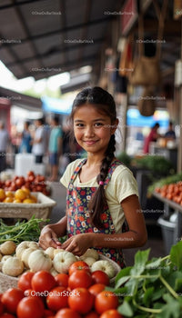 Smiling Girl Selling Fresh Produce at Local Market