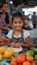 Smiling Girl Enjoying Fresh Produce at a Vibrant Market