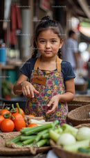 Young Girl with Colorful Apron at Vegetable Market Stall