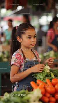 Young Girl Exploring Vibrant Market Stall with Fresh Vegetables