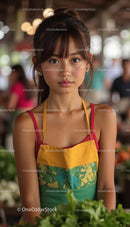 Young Woman in Colorful Apron at Local Market