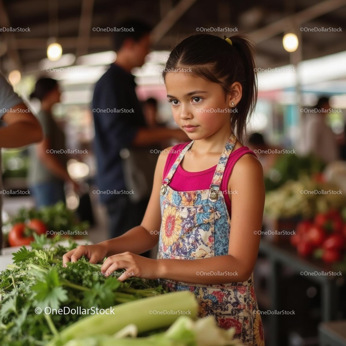 Young Girl Shopping at Farmers Market with Fresh Produce