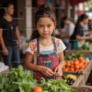 Young Girl at Vibrant Produce Market Stall