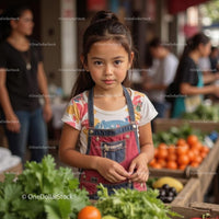 Young Girl at Vibrant Produce Market Stall