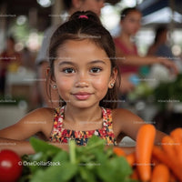 Smiling Girl at a Farmers Market with Fresh Produce