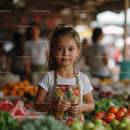 Smiling Girl in Floral Apron at Farmers Market