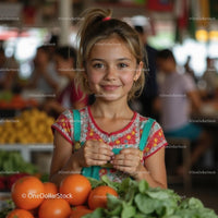 Young Girl at Farmers Market with Fresh Oranges and Greens