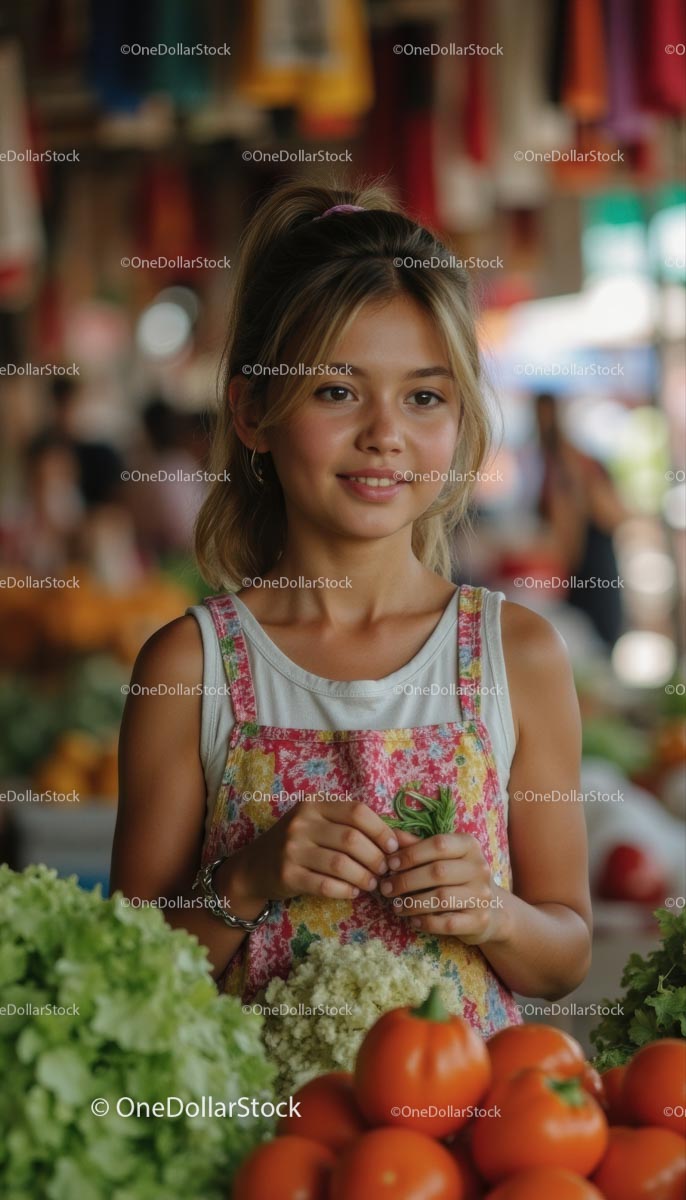 Smiling Girl at a Vibrant Farmers Market