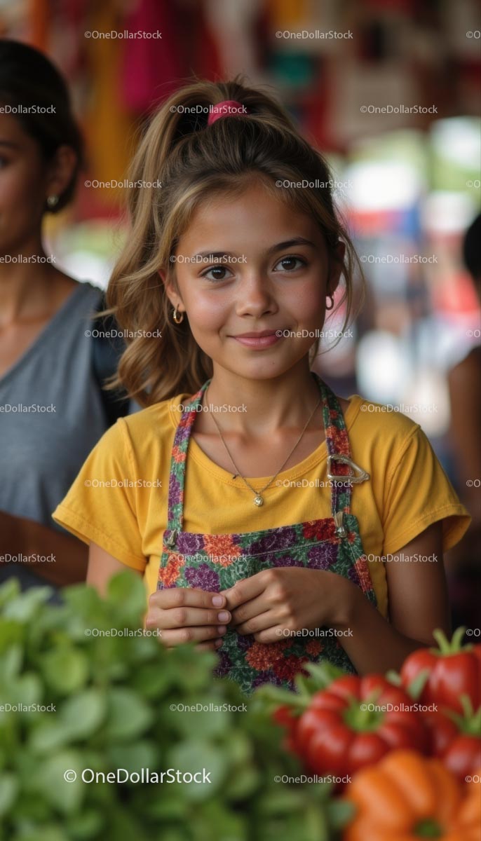 Smiling Girl at Farmers Market with Fresh Produce