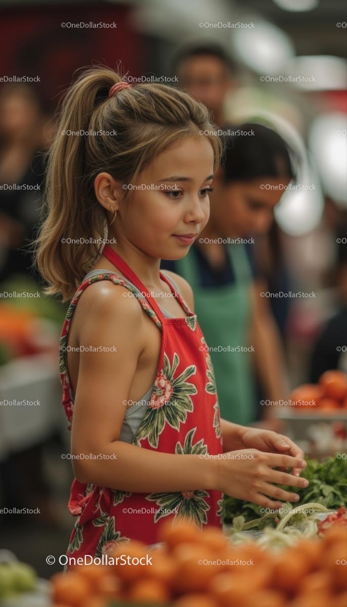 Young Girl Exploring Fresh Produce Market in Floral Dress