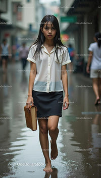Young Woman Walking Through Rainy Urban Street