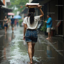 Woman Walking on Rainy Urban Street with Books