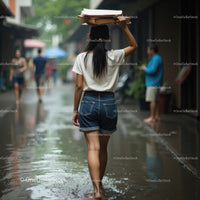 Woman Walking on Rainy Urban Street with Books