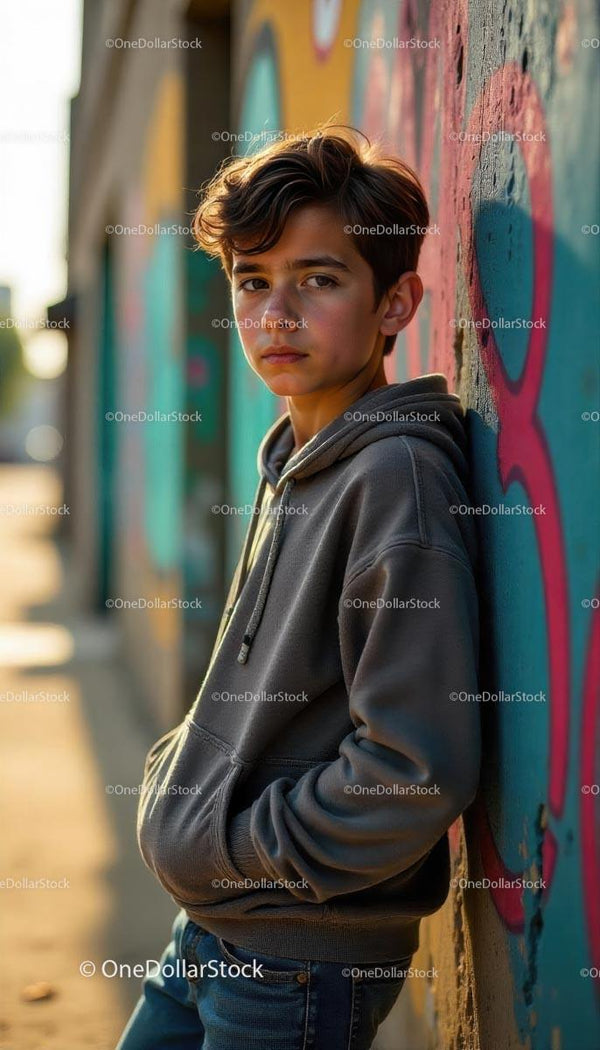 Teenage Boy Leaning Against Colorful Graffiti Wall