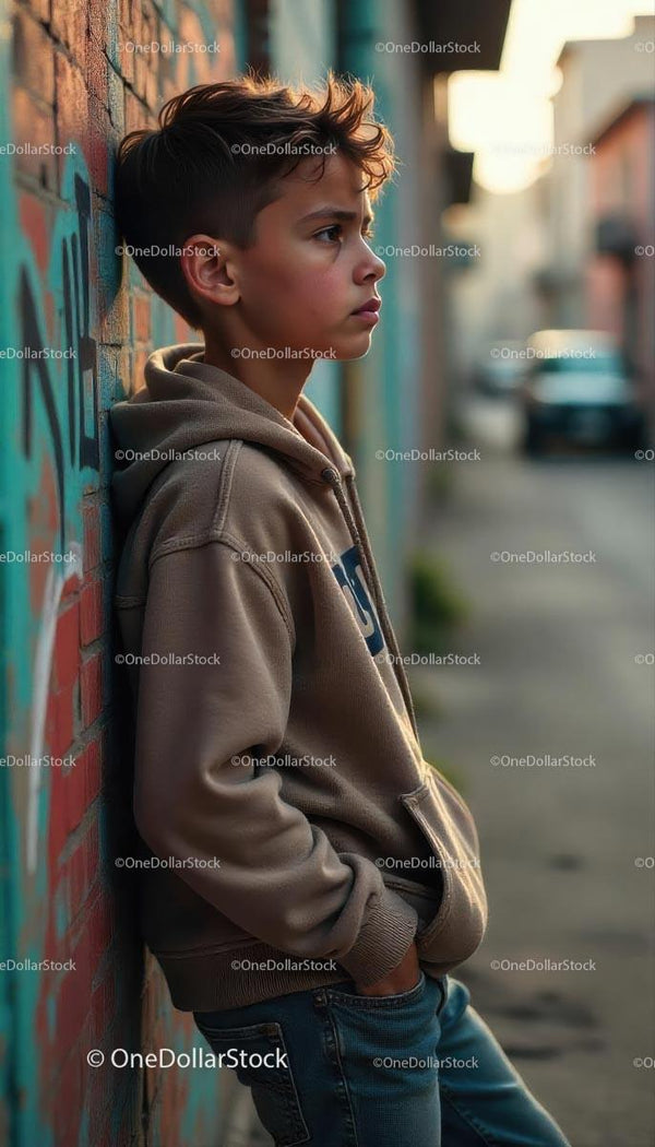 Thoughtful Boy Leaning Against Graffiti Wall in Urban Alley