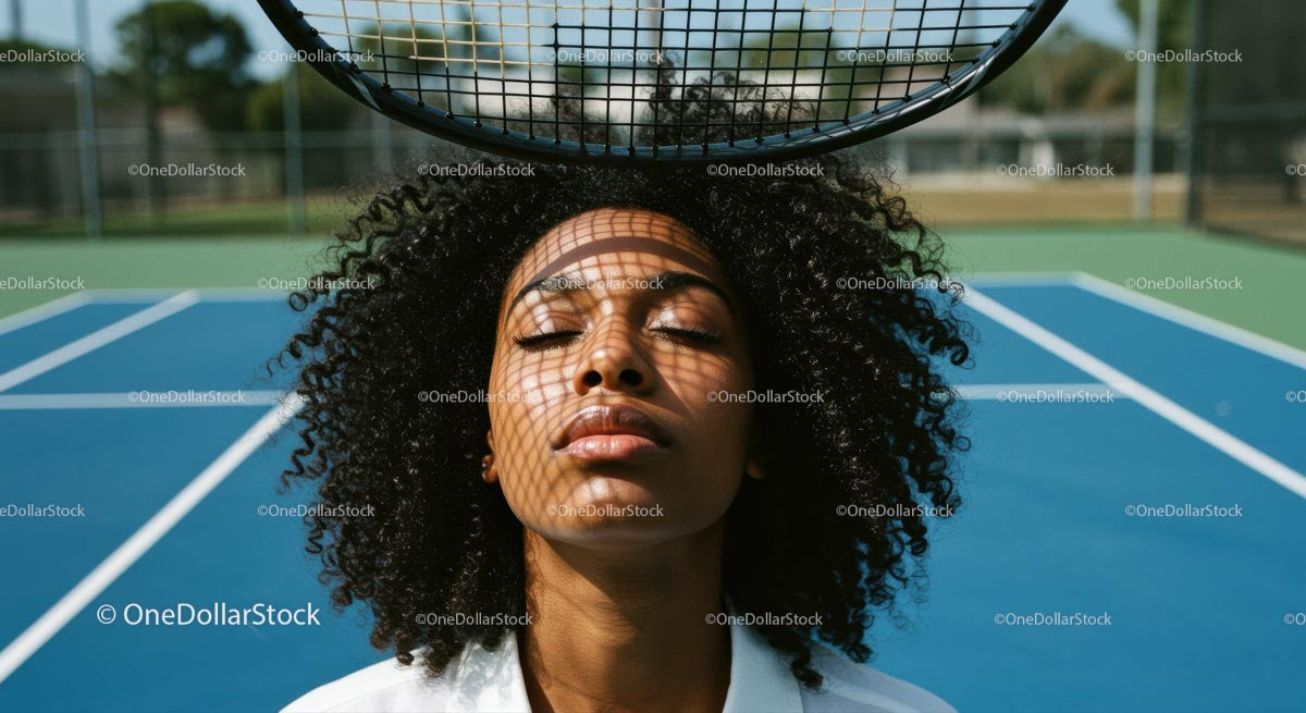Woman Relaxing on Tennis Court with Racket Shadow