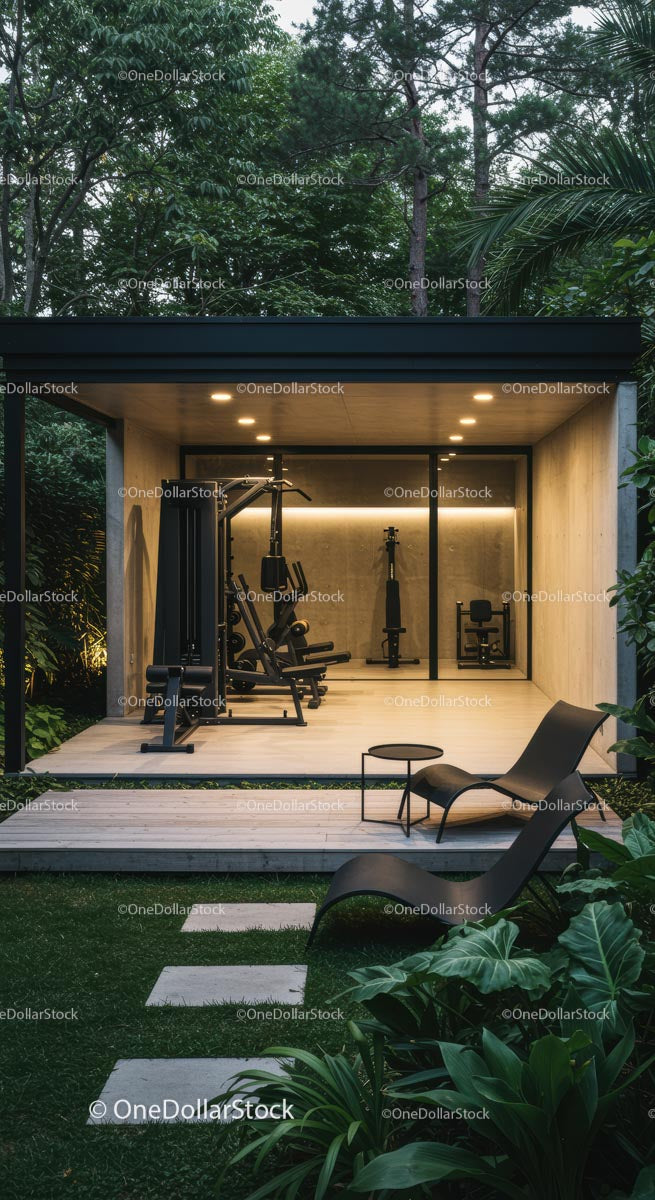Outdoor Gym with Modern Design Surrounded by Lush Greenery