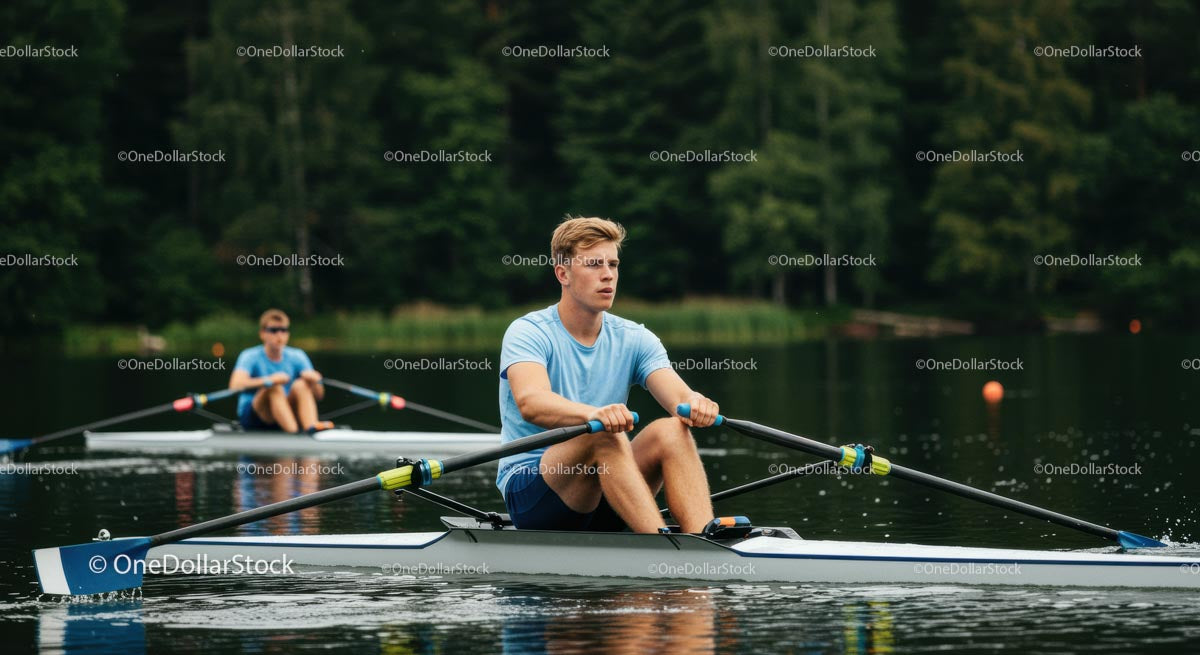 Rowing Team Training on Serene Lake Among Greenery