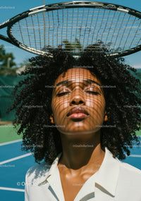 Woman Relaxing on Tennis Court with Afro Hairstyle