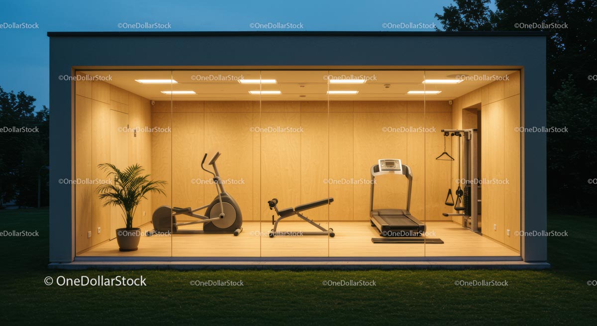 Modern Home Gym with Glass Walls and Fitness Equipment