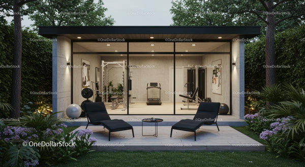 Contemporary Home Gym with Lush Garden Setting