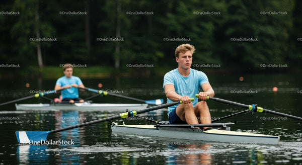 Young Athlete Rowing on Calm Lake in Summer
