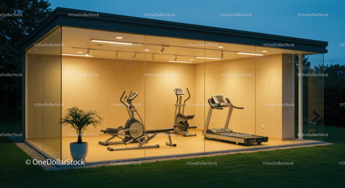 Nowoczesna przeszklona siłownia ze sprzętem fitness